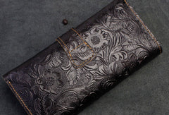 Handmade Long Leather Wallet Bifold Button Carved Floral Leather Clutch Wallet For Men Women