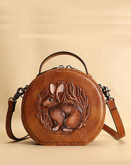 Cutest Womens Coffee Leather Round Handbag Bunny Crossbody Purse Vintage Round Shoulder Bags for Women