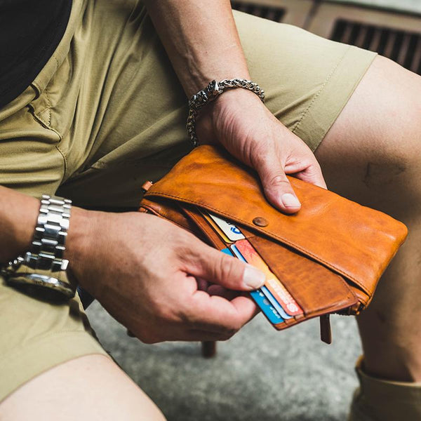 Cool Tan Leather Mens Long Wallet Clutch - Back View