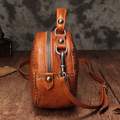 Vintage Brown Leather Womens Round Handbag Black Shoulder Circle Bag Purse For Women