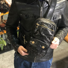 Genuine Leather Mens Cool Chest Bag Sling Bag Coffee Crossbody Pack Sling Pack for men