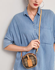 Cute Womens Mini Blue Leather Tweed Round Handbag Crossbody Purse Handmade Round Shoulder Bag for Women