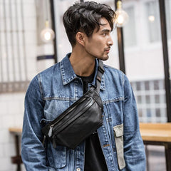 Black Leather Mens Waist Bag Fanny Pack Sling Bag Chest Bag Black One Shoulder Backpack for Men