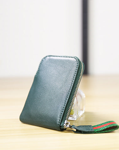 Women Leather Mini Zip Wallet Green Billfold Slim Coin Wallet Small Zip Change Wallet For Women