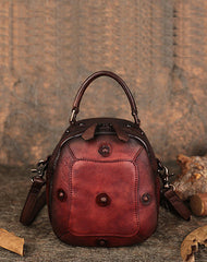 Small Leather Womens Rivets Shoulder Bag Barrel Small Handmade Handbag Purse for Ladies