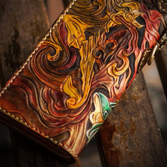 Handmade Leather Tooled Monkey King Mens Chain Biker Wallet Cool Leather Wallet Long Clutch Wallets for Men