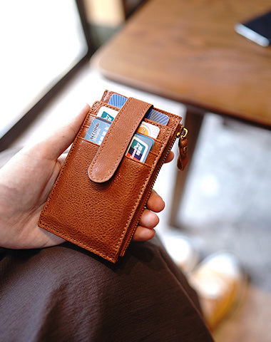 Womens Brown Leather Card Holders Wallet Vertical Slim Billfold Wallet Card Holders for Ladies
