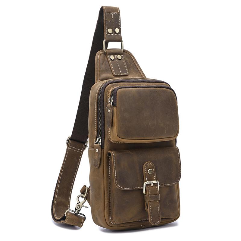 Brown Leather Men's Sling Bags Best Sling Pack Chest Bag One Shoulder Backpack For Men