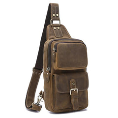 Brown Leather Men's Sling Bags Best Sling Pack Chest Bag One Shoulder Backpack For Men