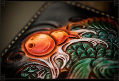 Handmade Leather Tooled Carp Mens Biker Chain Wallets Cool Leather Wallet Long Chain Wallets for Men