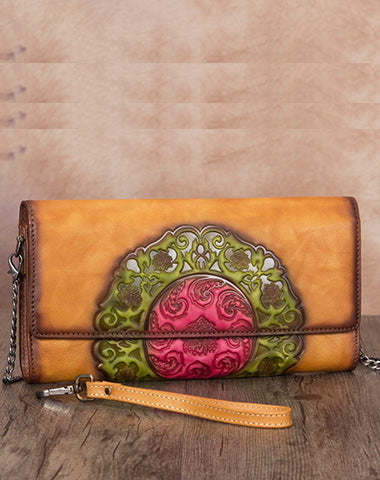 Vintage Floral Red Leather Wristlet Wallet Womens Floral Shoulder Wallet Purse Z WW03681081
