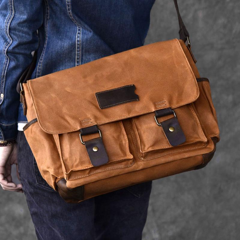 Canvas Leather Mens Large Brown Side Bag 14'' Khaki Messenger Bag Brown Postman Bag For Men