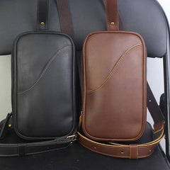 Genuine Black Leather Mens Cool Sling Pack Chest Bag Sling Bag Crossbody Pack for men