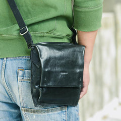 Cool Black Wrinkled Leather Men Vertical Square Side Bags Black Messenger Bag Courier Bag For Men