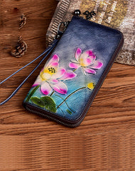 Womens Lotus Flowers Coffee Leather Wristlet Wallets Zip Around Wallet Flowers Ladies Zipper Clutch Wallet for Women