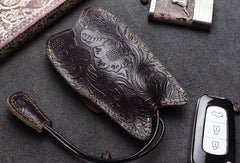 Handmade Car Key Wallet Vintage Leather Wallet Cat Kitty Cute Carved Floral Leather Accessories Gift For Men Women - EverHandmade