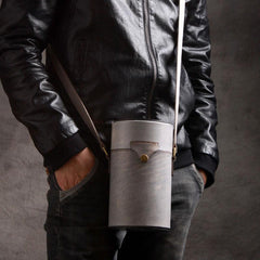 Handmade Gray Leather Mens Barrel Bag Shoulder Bag Messenger Bag for Men