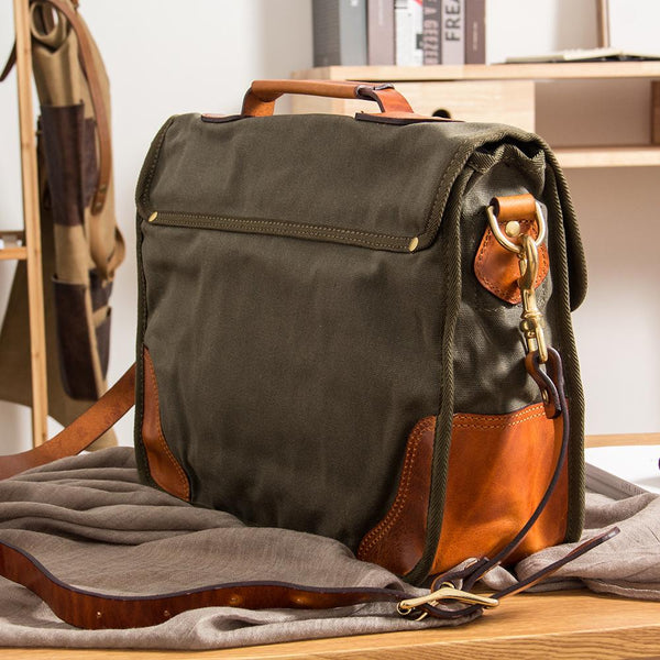 Canvas Leather Mens 14" Green Laptop Briefcase Handbag Side Bag Messenger Bag fo YSN03851001