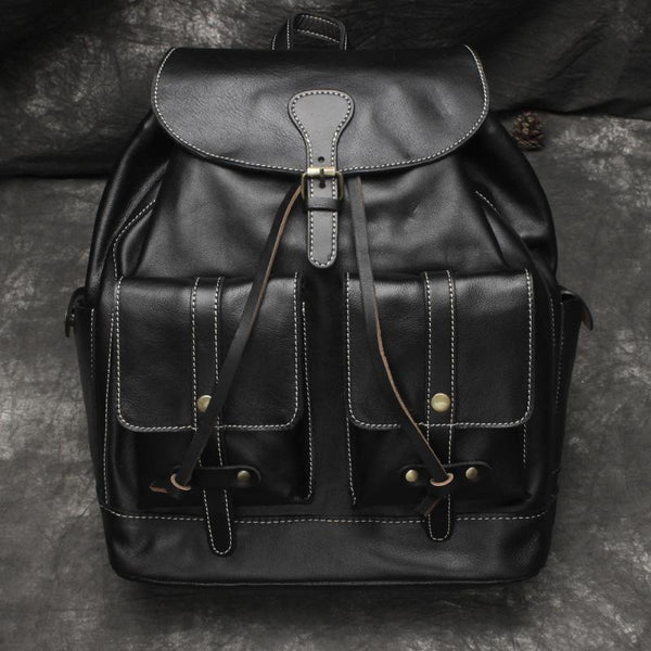 Fashionable Brown Leather Men's Backpack College Backpack - Back View