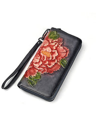 Womens Peony Flower Brown Leather Wristlet Wallet Zip Around Wallets Floral Ladies Zipper Clutch Wallet for Women