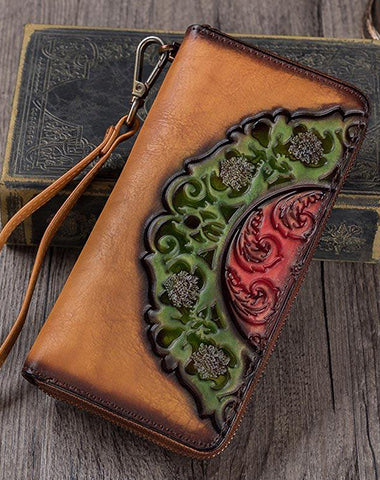 Vintage Floral Green Leather Wristlet Wallets Womens Zip Around Wallet Floral La WW01991042