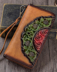 Vintage Floral Green Leather Wristlet Wallets Womens Zip Around Wallet Floral Ladies Zipper Clutch Wallets for Women