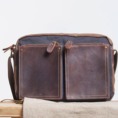 Mens Leather Canvas Gray Cool Messenger Bag Side Bag Shoulder Bag for Men