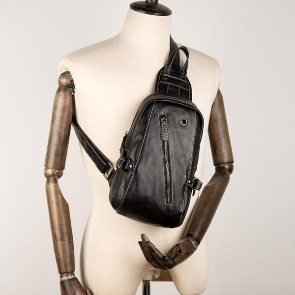 Black Leather Mens Cool Sling Bags Crossbody - Back View