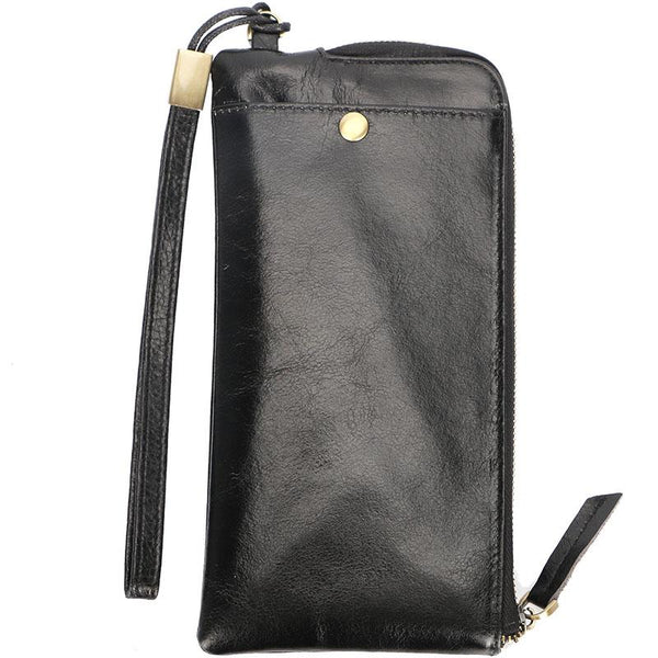 Black Leather Mens Long Wallet Zipper Clutch Wallet Brown Wristlet Long Wallet F ZOY0099073