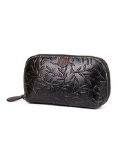 Womens Floral Brown Leather Zip Around Wallets Wristlet Wallet Floral Ladies Zipper Clutch Wallet for Women