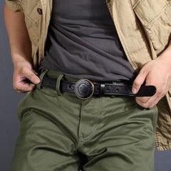 Genuine Tooled Leather Mens Embossed Black Belt Smooth Buckle Belt Brown Around Belt For Men