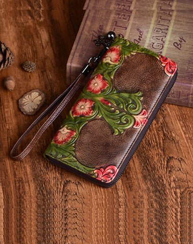 Womens Floral Coffee Leather Wristlet Wallets Flowers Zip Around Wallet Floral Ladies Zipper Clutch Wallet for Women