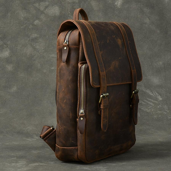 Cool Leather Mens 14" Dark Brown Hiking Backpack Travel Backpack College Backpac 24J03281027