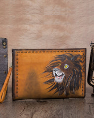 Vintage Handmade Tan Leather Wristlet Wallet Womens Lion Large Zip Purse Zipper Clutch Bag for Women