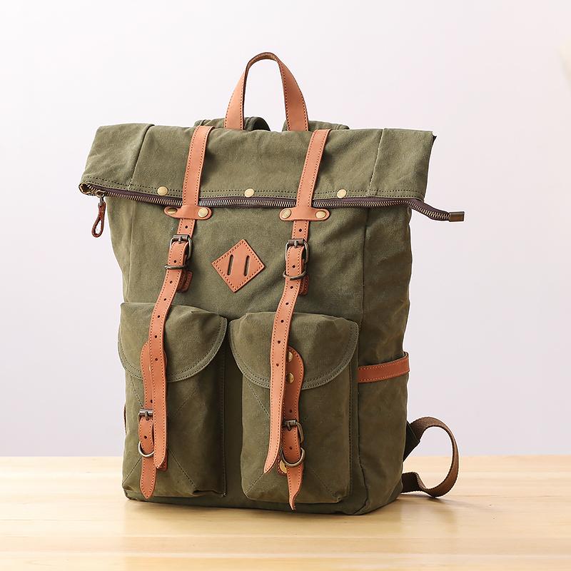 Waxed Canvas Leather Mens Dark Gray Waterproof 15‘’ Large Backpack Travel Backpack Green Hiking Backpack for Men