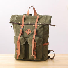 Waxed Canvas Leather Mens Dark Gray Waterproof 15‘’ Large Backpack Travel Backpack Green Hiking Backpack for Men