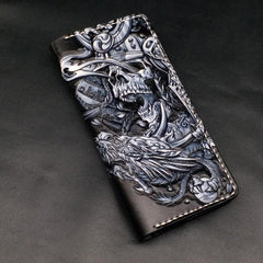 Black Handmade Tooled Indian Chief Skull Leather Mens Long Wallet Bifold Long Wallet For Men