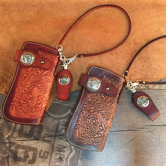 Handmade Leather Tooled Skull Mens Chain Biker Wallet Cool Leather Wallet Long Wallet for Men