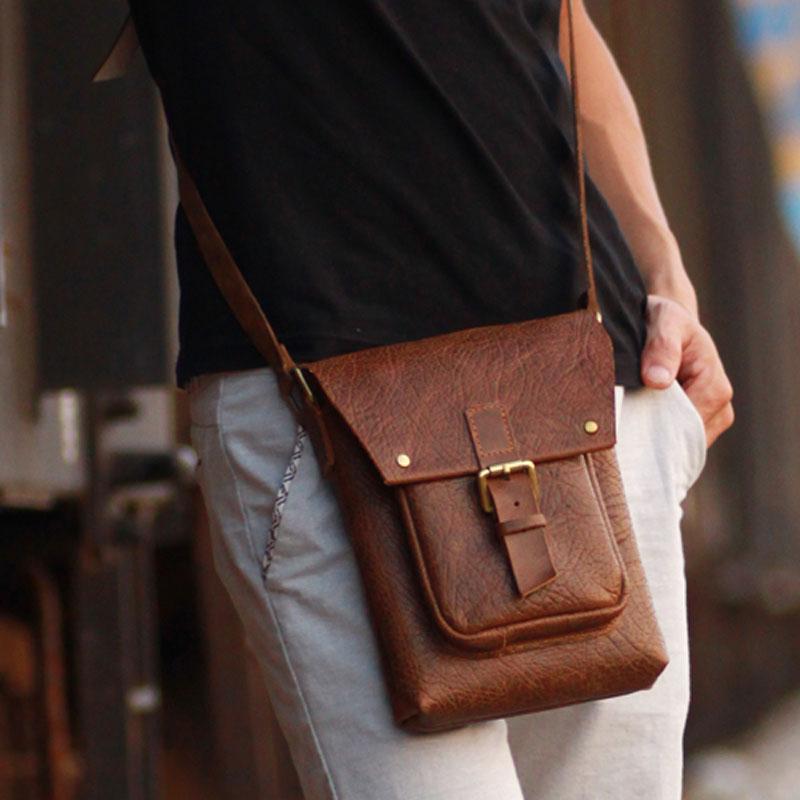 Handmade Vintage Leather Mens Small Messenger Bag Coffee Cell Phone Shoulder Bag for Men