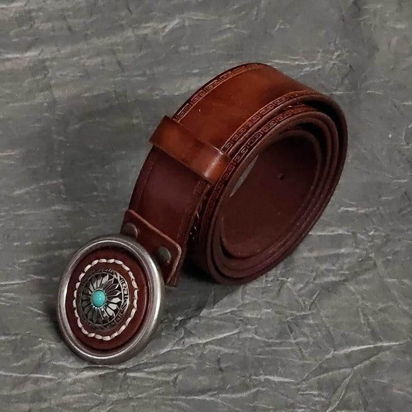 Badass Mens Brown Leather Tooled Rivet Rock Punk Belt Motorcycle Belt Leather Be WG00852020