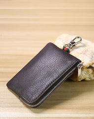 Slim Women Coffee Leather Zip Wallet with Keychains Minimalist Coin Wallet Small Zip Change Wallet For Women