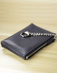 Cute Women Navy Leather Mini Zip Billfold Wallet with Keychain Coin Wallet Small Zip Change Wallet For Women