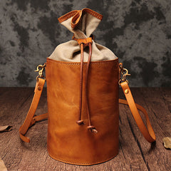 Vintage Leather Brown Bucket Shoulder Bag Barrel Crossbody Purse For Women