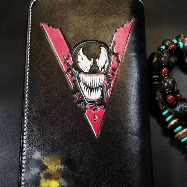 Badass Black Leather Men's Venom Long Biker Wallet Handmade Tooled Zipper Long W TW12001004
