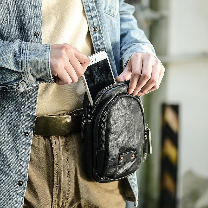 CASUAL BLACK LEATHER MEN'S MIni Vertical Side Bags MESSENGER BAG BLACK Belt Bag Blet Pouch FOR MEN