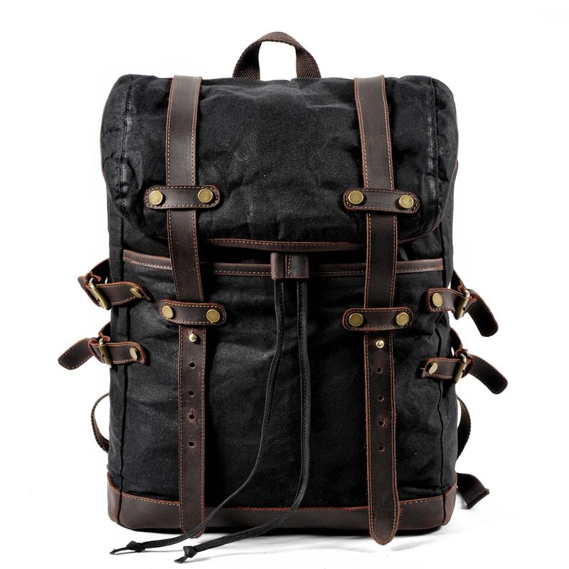 Cool Waxed Canvas Leather Mens Black 15.6‘’ Large Hiking Backpack Green Travel Backpack for Men
