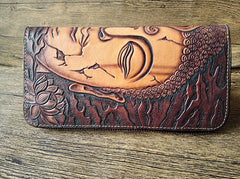 Handmade Leather Buddha&Demon Tooled Mens Long Wallet Cool Leather Wallet Clutch Wallet for Men