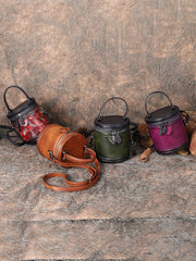 Purple Leather Womens Bucket Handbag Barrel Shoulder Bag Crossbody Purse for Ladies