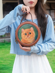 Handmade Womens Brown Leather Round Handbag Purse Cat Round Crossbody Bag for Women