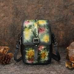 Green Leather Womens VIntage Phone Shoulder Bag - Size Detail